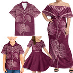 Burgundy New Zealand Kawakawa Maori Ngaru Family Matching Off Shoulder Maxi Dress and Hawaiian Shirt