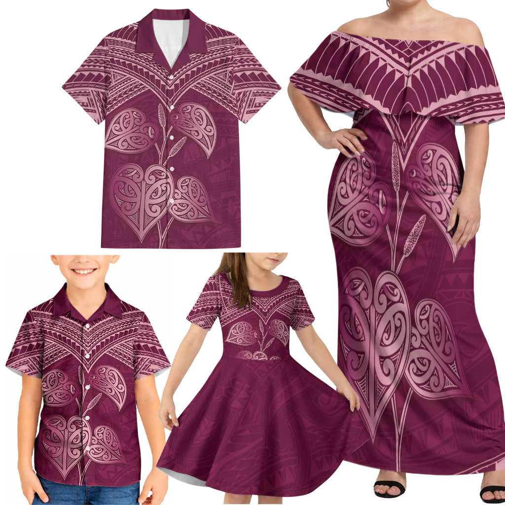 Burgundy New Zealand Kawakawa Maori Ngaru Family Matching Off Shoulder Maxi Dress and Hawaiian Shirt