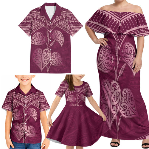 Burgundy New Zealand Kawakawa Maori Ngaru Family Matching Off Shoulder Maxi Dress and Hawaiian Shirt
