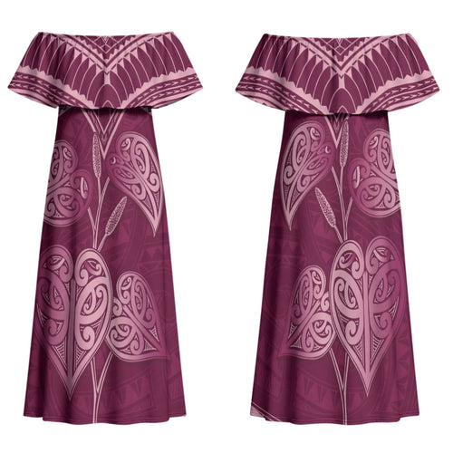 Burgundy New Zealand Kawakawa Maori Ngaru Family Matching Off Shoulder Maxi Dress and Hawaiian Shirt