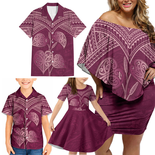 Burgundy New Zealand Kawakawa Maori Ngaru Family Matching Off Shoulder Short Dress and Hawaiian Shirt