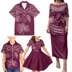 Burgundy New Zealand Kawakawa Maori Ngaru Family Matching Puletasi and Hawaiian Shirt