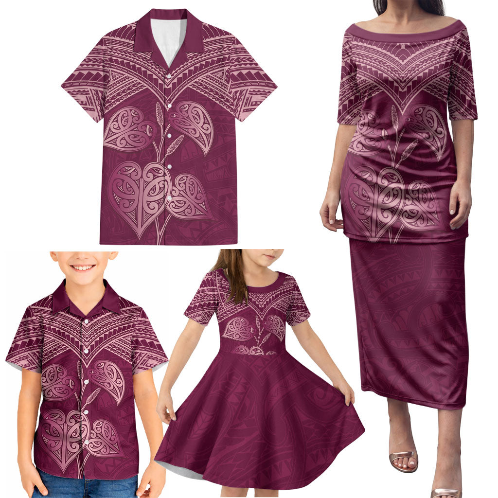Burgundy New Zealand Kawakawa Maori Ngaru Family Matching Puletasi and Hawaiian Shirt