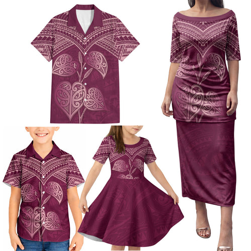 Burgundy New Zealand Kawakawa Maori Ngaru Family Matching Puletasi and Hawaiian Shirt
