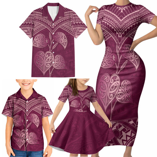 Burgundy New Zealand Kawakawa Maori Ngaru Family Matching Short Sleeve Bodycon Dress and Hawaiian Shirt