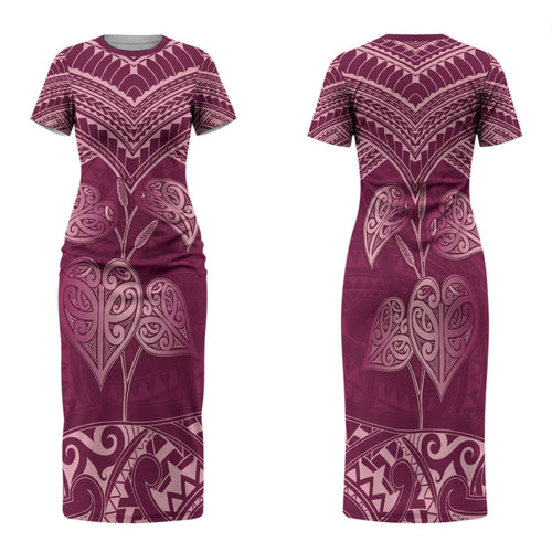Burgundy New Zealand Kawakawa Maori Ngaru Family Matching Short Sleeve Bodycon Dress and Hawaiian Shirt