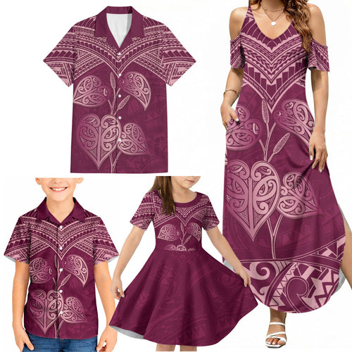 Burgundy New Zealand Kawakawa Maori Ngaru Family Matching Summer Maxi Dress and Hawaiian Shirt