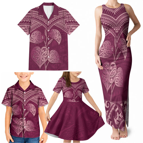 Burgundy New Zealand Kawakawa Maori Ngaru Family Matching Tank Maxi Dress and Hawaiian Shirt