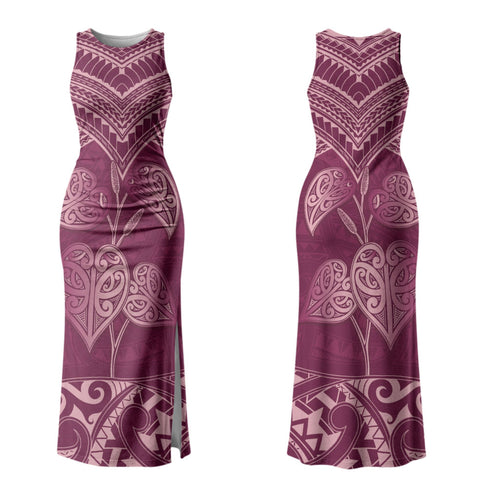 Burgundy New Zealand Kawakawa Maori Ngaru Family Matching Tank Maxi Dress and Hawaiian Shirt