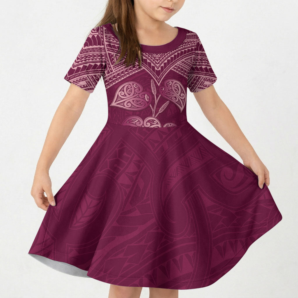 Burgundy New Zealand Kawakawa Maori Ngaru Kid Short Sleeve Dress