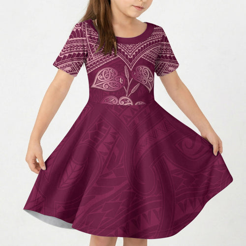 Burgundy New Zealand Kawakawa Maori Ngaru Kid Short Sleeve Dress