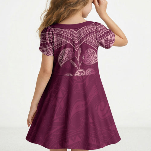 Burgundy New Zealand Kawakawa Maori Ngaru Kid Short Sleeve Dress