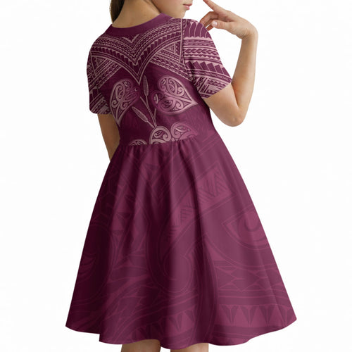 Burgundy New Zealand Kawakawa Maori Ngaru Kid Short Sleeve Dress