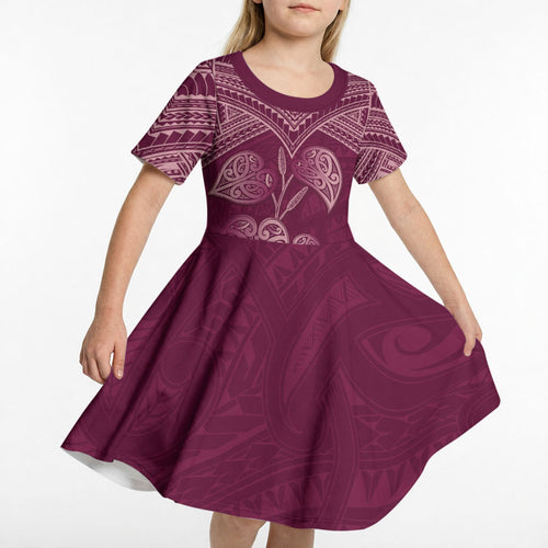 Burgundy New Zealand Kawakawa Maori Ngaru Kid Short Sleeve Dress