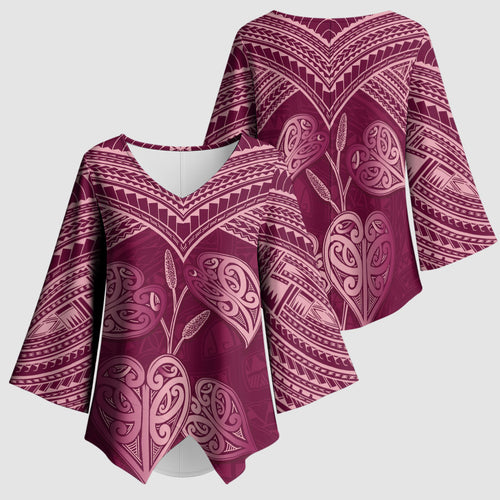 Burgundy New Zealand Kawakawa Maori Ngaru Kimono Sleeve Blouse