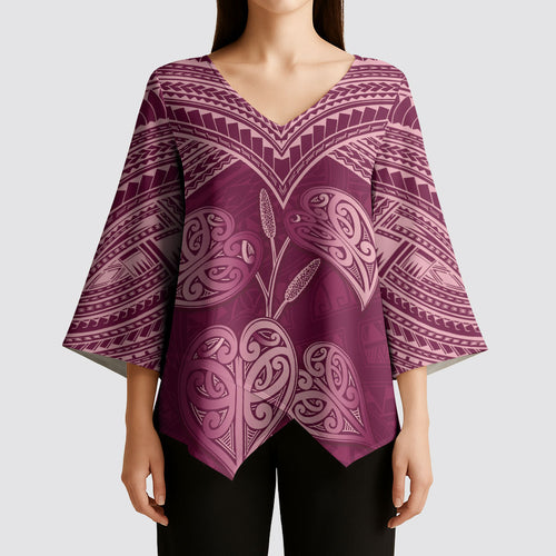 Burgundy New Zealand Kawakawa Maori Ngaru Kimono Sleeve Blouse