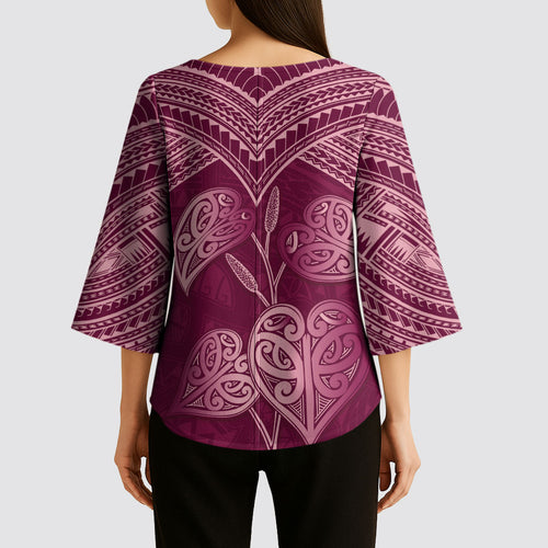 Burgundy New Zealand Kawakawa Maori Ngaru Kimono Sleeve Blouse