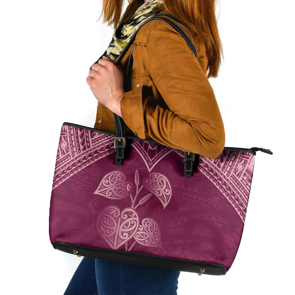 Burgundy New Zealand Kawakawa Maori Ngaru Leather Tote Bag