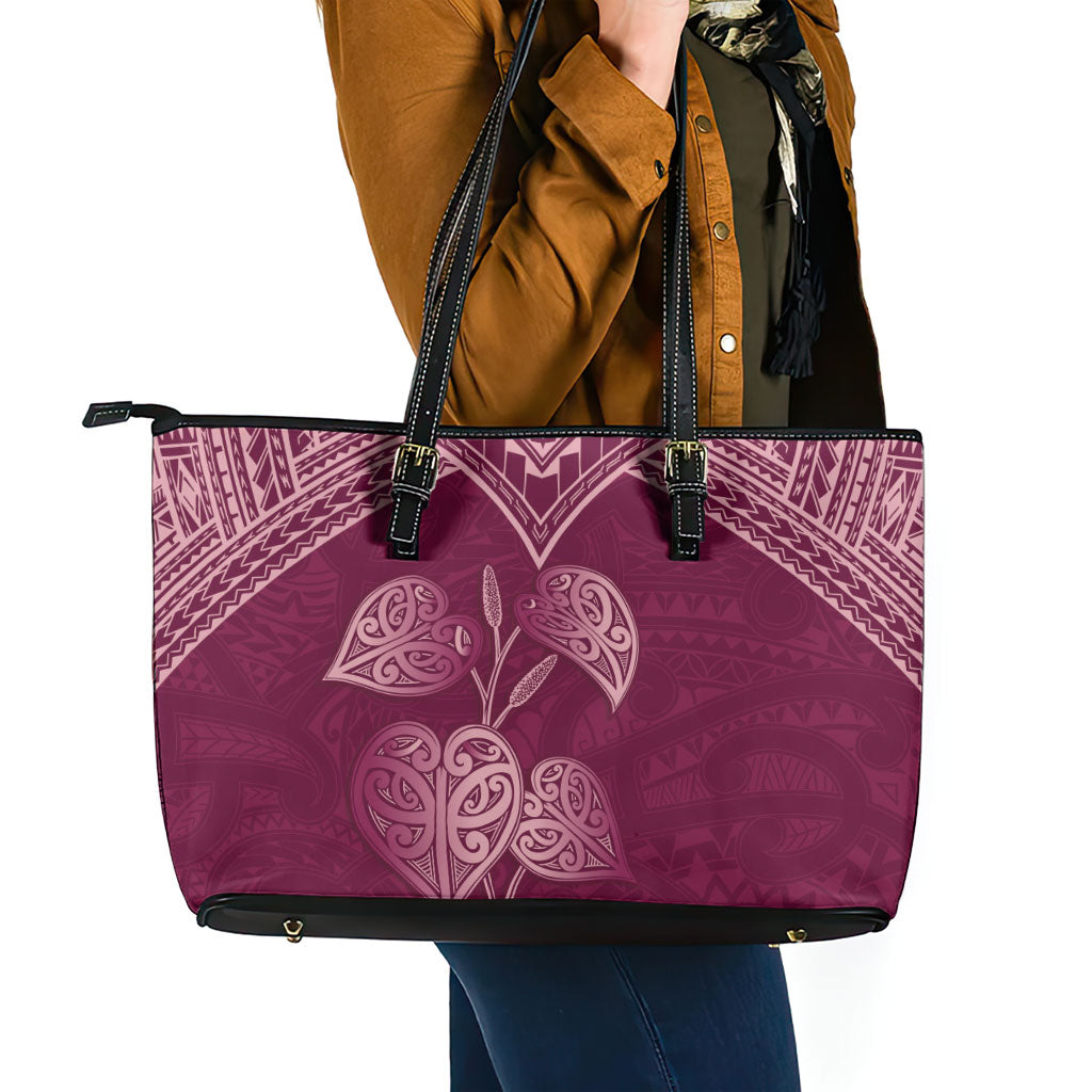 Burgundy New Zealand Kawakawa Maori Ngaru Leather Tote Bag