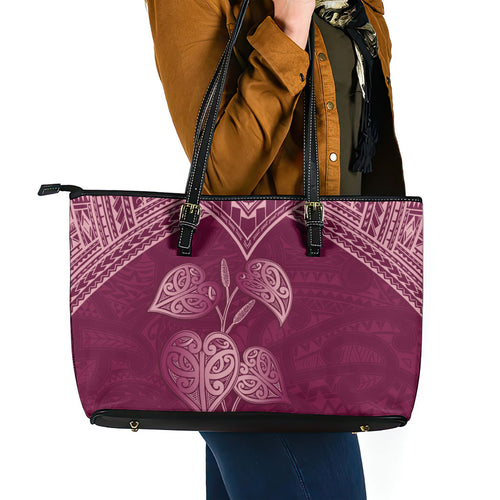 Burgundy New Zealand Kawakawa Maori Ngaru Leather Tote Bag