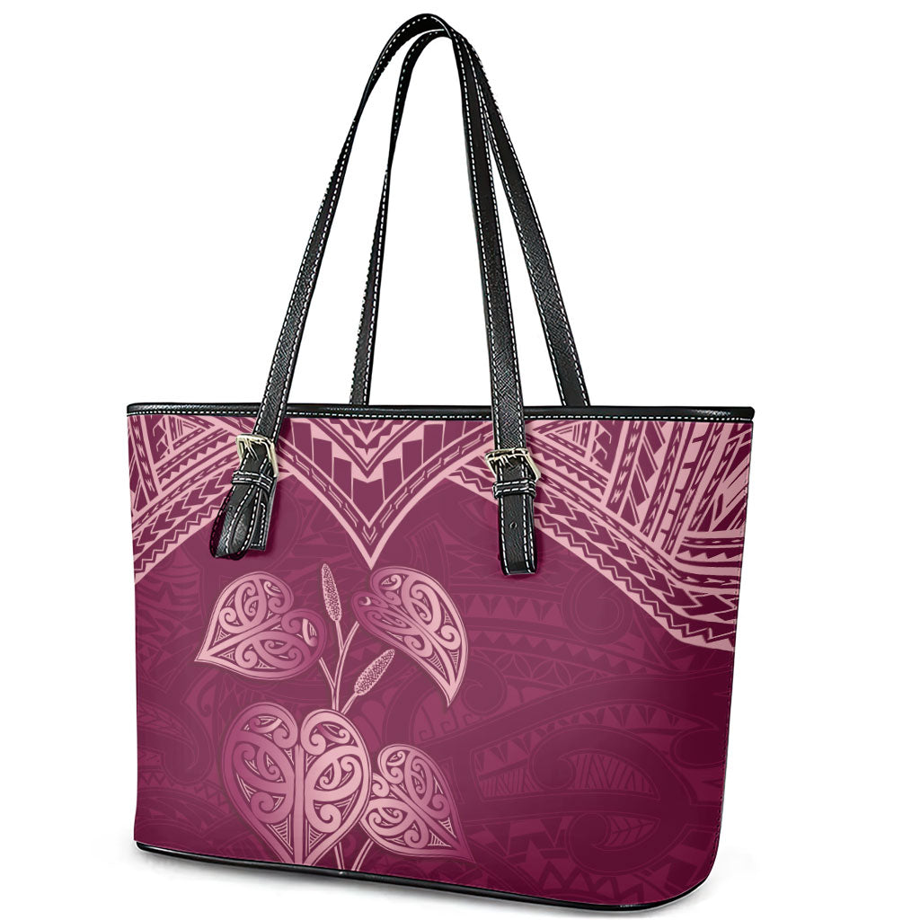 Burgundy New Zealand Kawakawa Maori Ngaru Leather Tote Bag