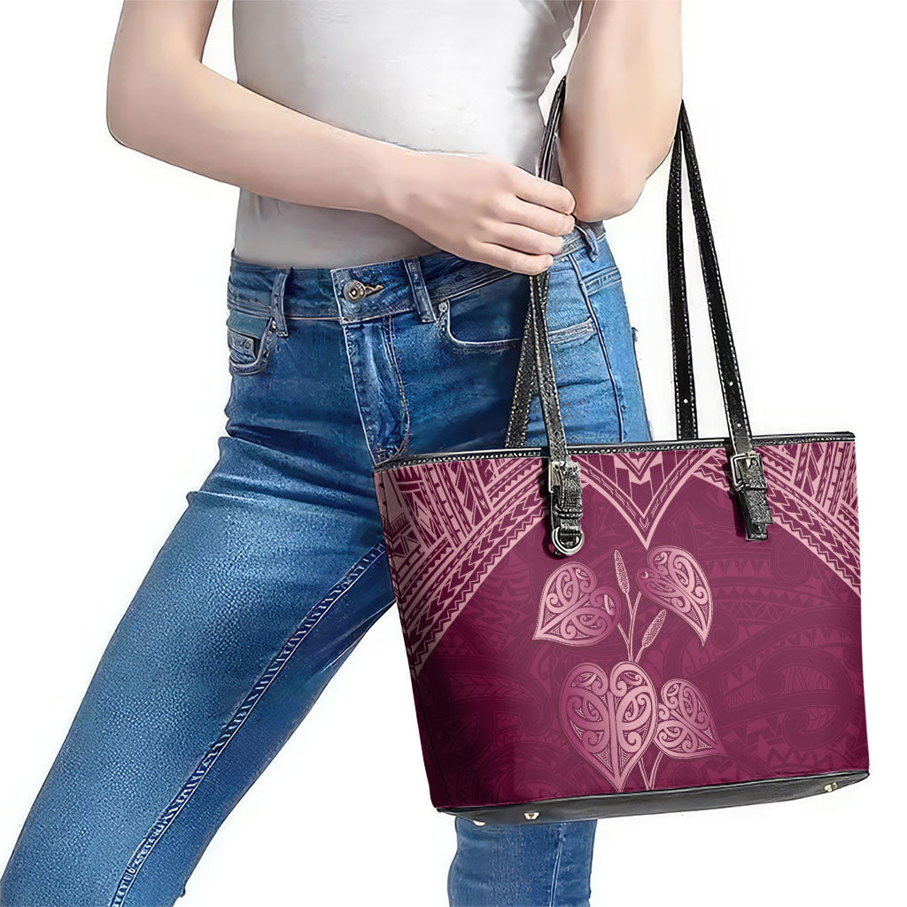 Burgundy New Zealand Kawakawa Maori Ngaru Leather Tote Bag