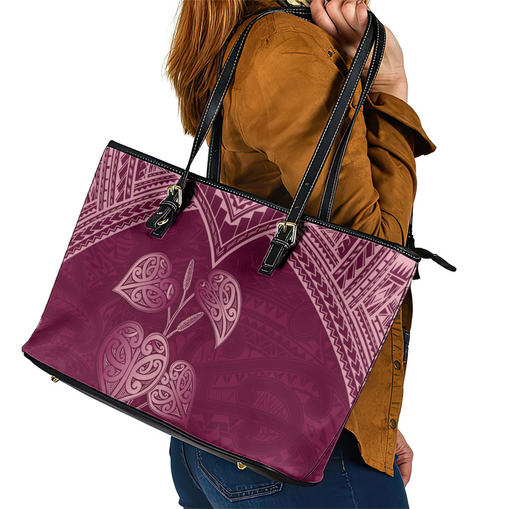Burgundy New Zealand Kawakawa Maori Ngaru Leather Tote Bag
