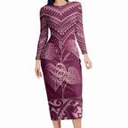 Burgundy New Zealand Kawakawa Maori Ngaru Long Sleeve Bodycon Dress