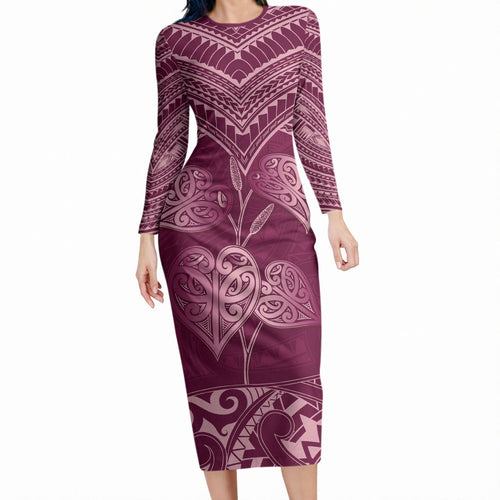 Burgundy New Zealand Kawakawa Maori Ngaru Long Sleeve Bodycon Dress