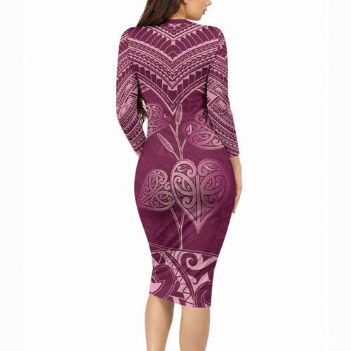 Burgundy New Zealand Kawakawa Maori Ngaru Long Sleeve Bodycon Dress