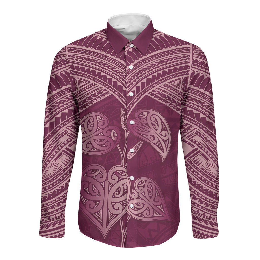 Burgundy New Zealand Kawakawa Maori Ngaru Long Sleeve Button Shirt