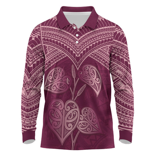 Burgundy New Zealand Kawakawa Maori Ngaru Long Sleeve Polo Shirt