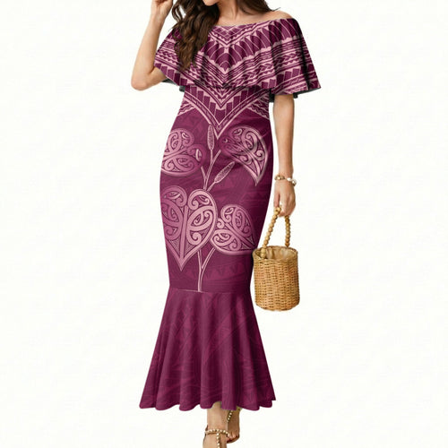 Burgundy New Zealand Kawakawa Maori Ngaru Mermaid Dress