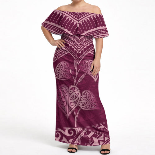 Burgundy New Zealand Kawakawa Maori Ngaru Off Shoulder Maxi Dress