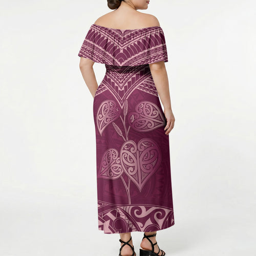 Burgundy New Zealand Kawakawa Maori Ngaru Off Shoulder Maxi Dress