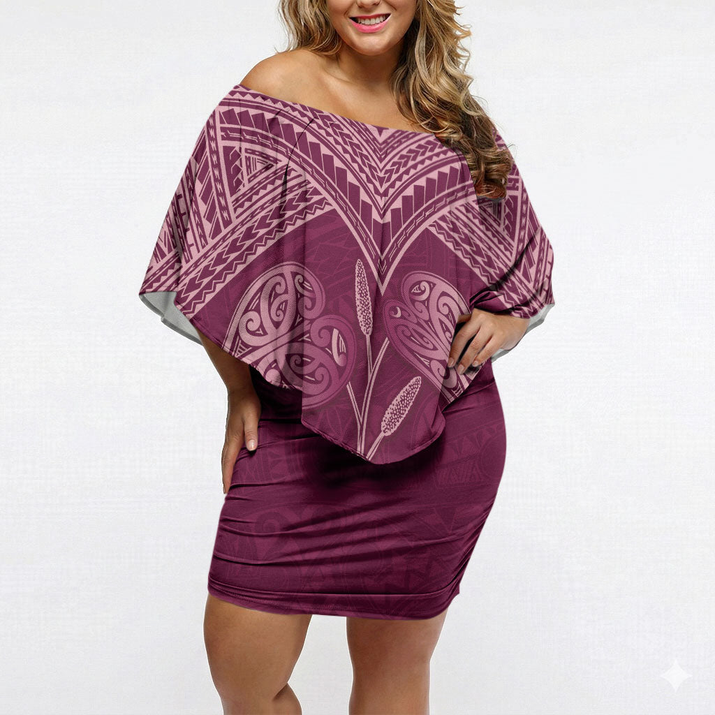 Burgundy New Zealand Kawakawa Maori Ngaru Off Shoulder Short Dress