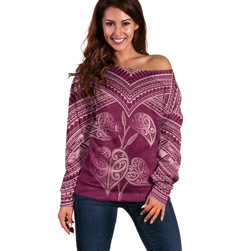Burgundy New Zealand Kawakawa Maori Ngaru Off Shoulder Sweater