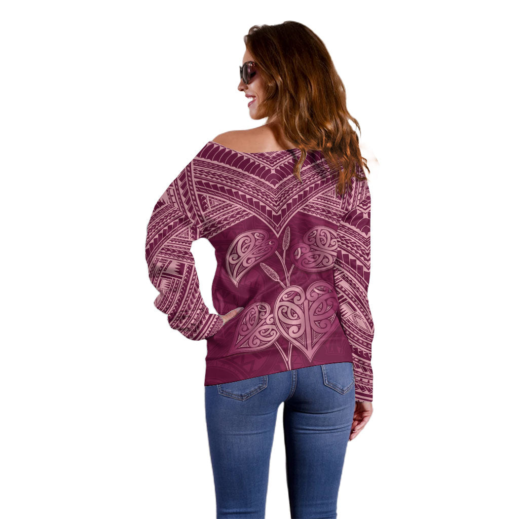 Burgundy New Zealand Kawakawa Maori Ngaru Off Shoulder Sweater