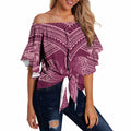 Burgundy New Zealand Kawakawa Maori Ngaru Off Shoulder Wrap Waist Top