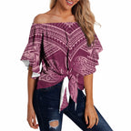 Burgundy New Zealand Kawakawa Maori Ngaru Off Shoulder Wrap Waist Top