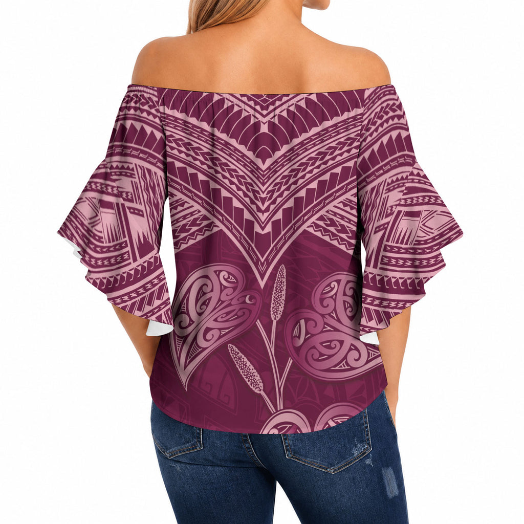Burgundy New Zealand Kawakawa Maori Ngaru Off Shoulder Wrap Waist Top