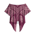 Burgundy New Zealand Kawakawa Maori Ngaru Off Shoulder Wrap Waist Top