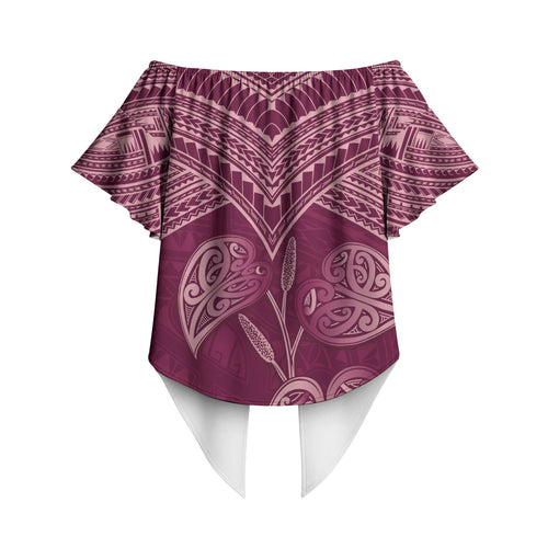 Burgundy New Zealand Kawakawa Maori Ngaru Off Shoulder Wrap Waist Top