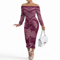 Burgundy New Zealand Kawakawa Maori Ngaru Off The Shoulder Long Sleeve Dress