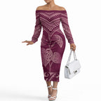 Burgundy New Zealand Kawakawa Maori Ngaru Off The Shoulder Long Sleeve Dress