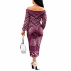 Burgundy New Zealand Kawakawa Maori Ngaru Off The Shoulder Long Sleeve Dress