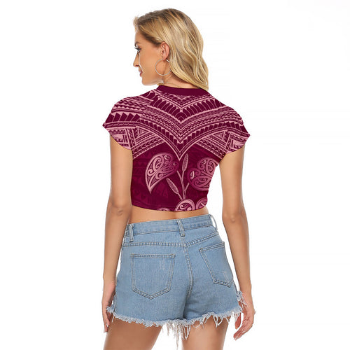 Burgundy New Zealand Kawakawa Maori Ngaru Raglan Cropped T Shirt