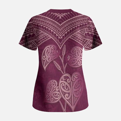 Burgundy New Zealand Kawakawa Maori Ngaru Scrub Top