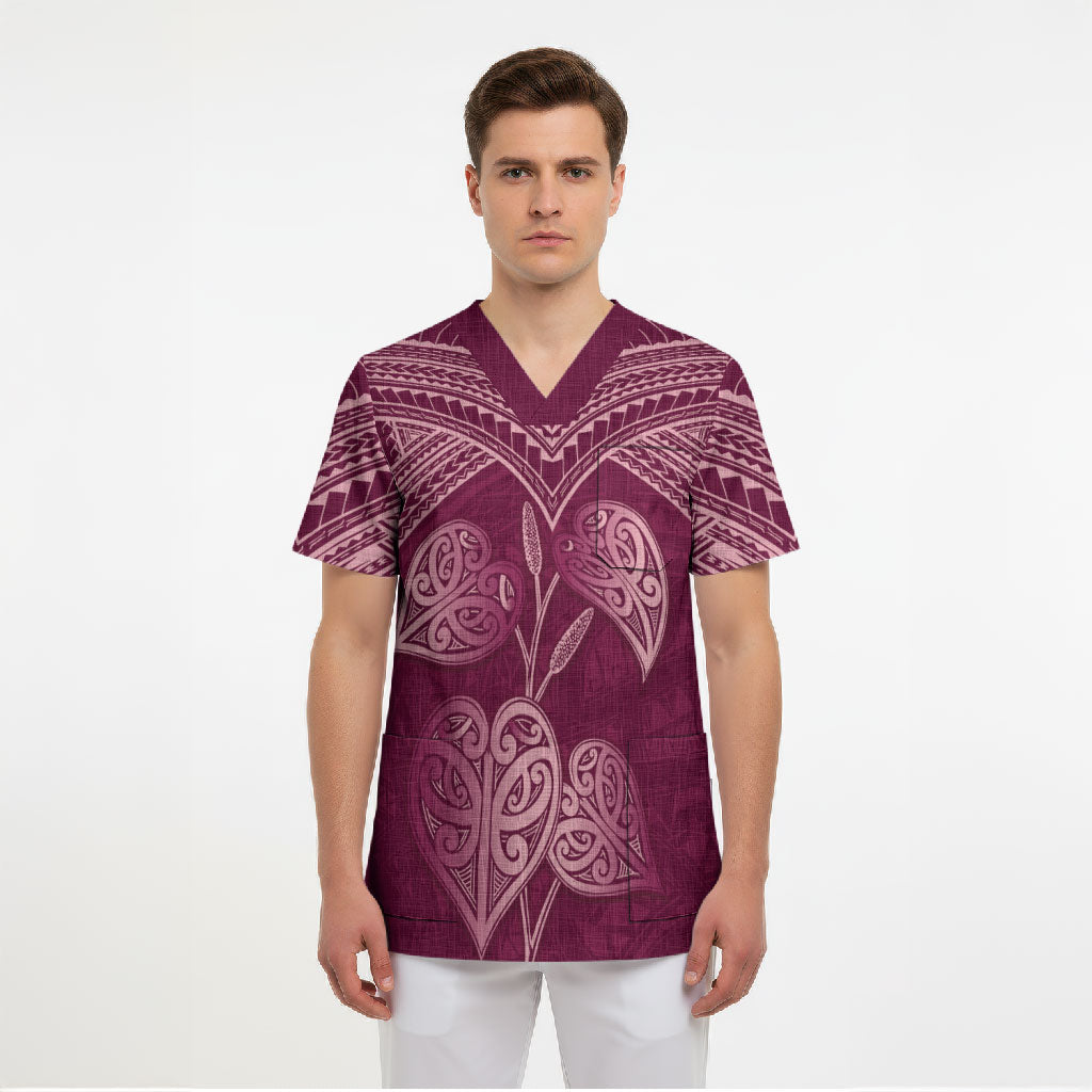 Burgundy New Zealand Kawakawa Maori Ngaru Scrub Top