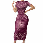 Burgundy New Zealand Kawakawa Maori Ngaru Short Sleeve Bodycon Dress